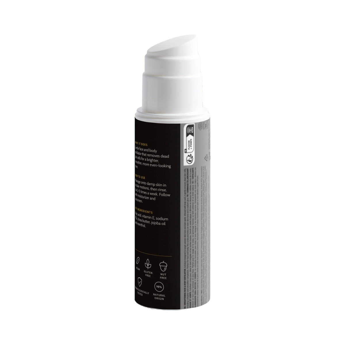 Kojic Acid Brightening Exfoliator bottle, back label with ingredients and directions