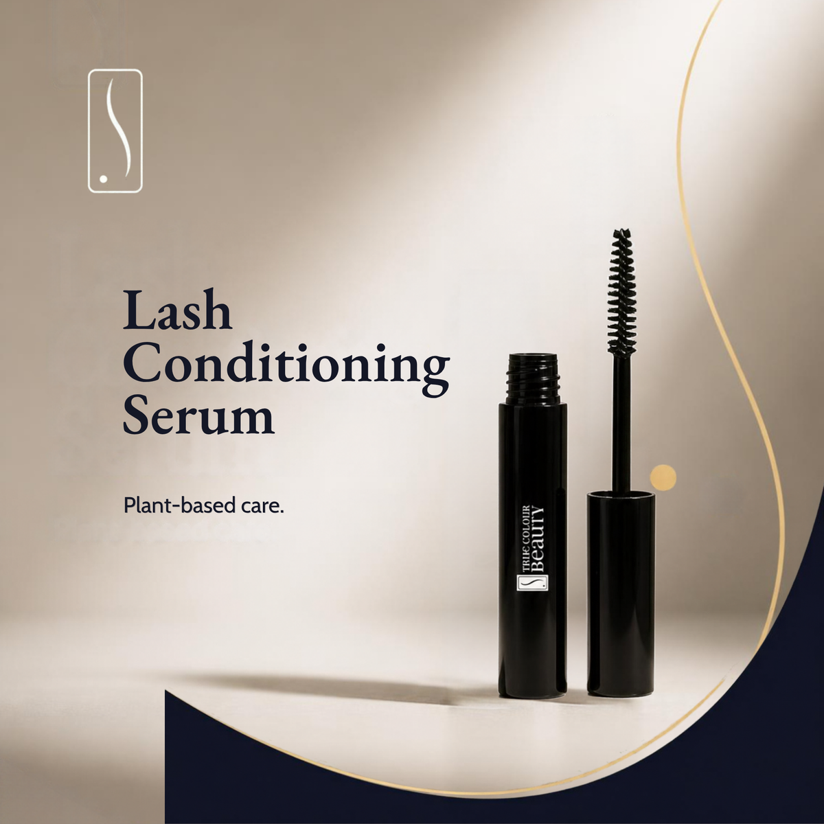 Lash Conditioning Serum in a sleek black tube with its wand applicator beside it