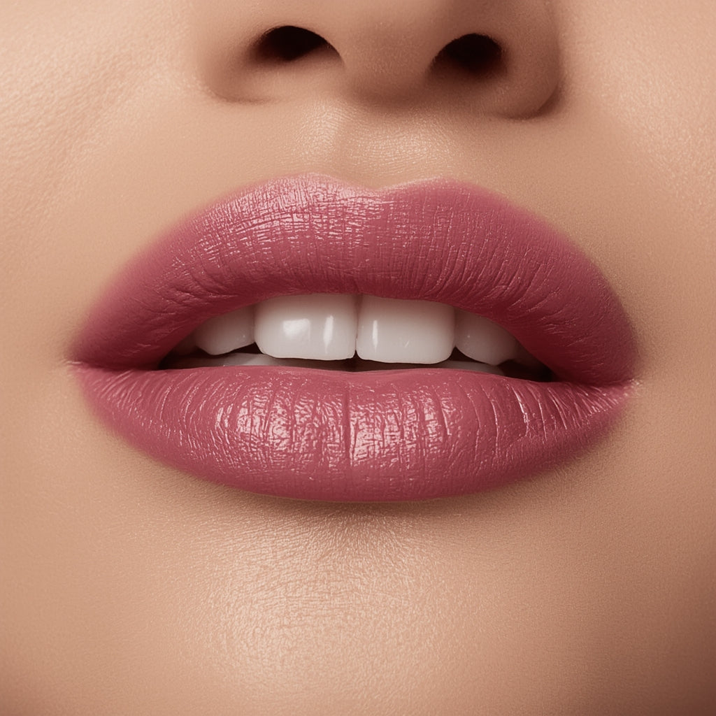 Close-up of a woman's lips with pink lipstick on a beige background
