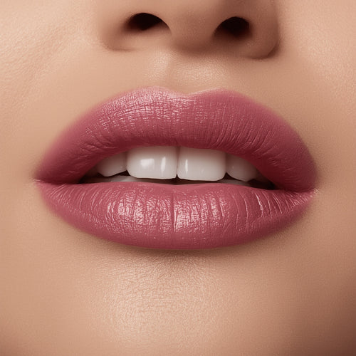 Close-up of a woman's lips with pink lipstick on a beige background