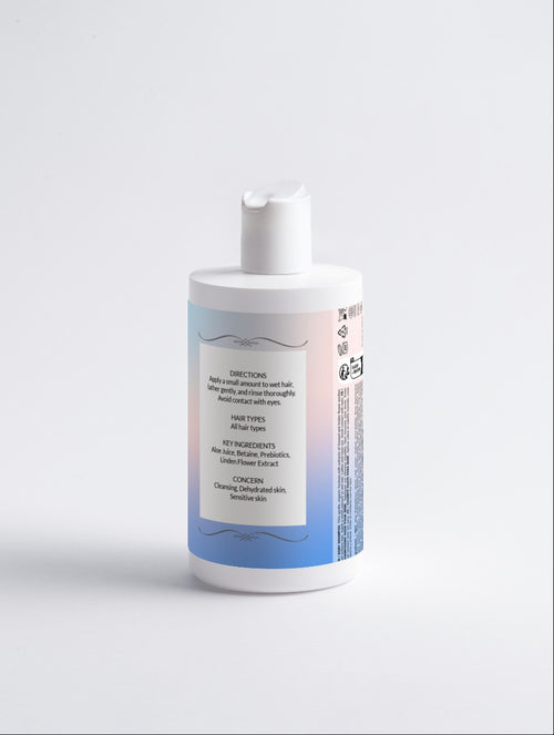 White bottle with a blue label on a light gray background