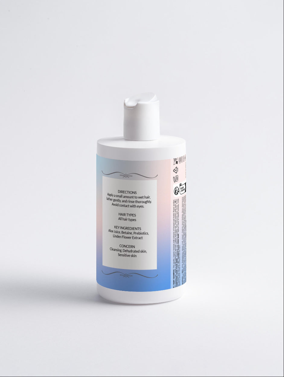 White bottle with a blue label on a light gray background