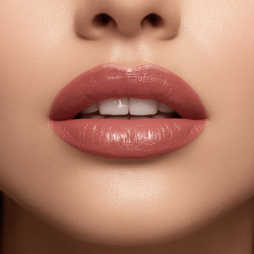Close-up of a woman's lips with a soft pink lipstick