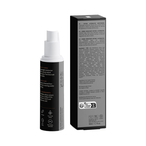 Retinol Alternative Moisturizer, bottle and box, back view with ingredients and directions