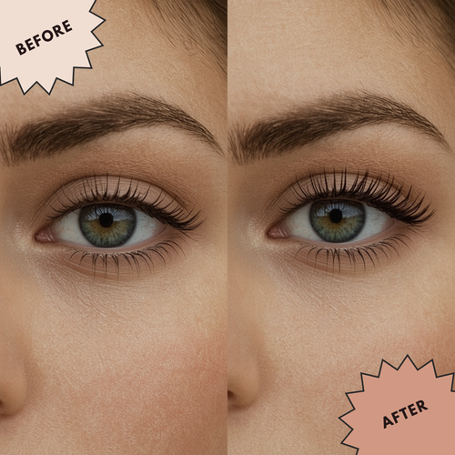 Before and after comparison of eye makeup application on a person's face.