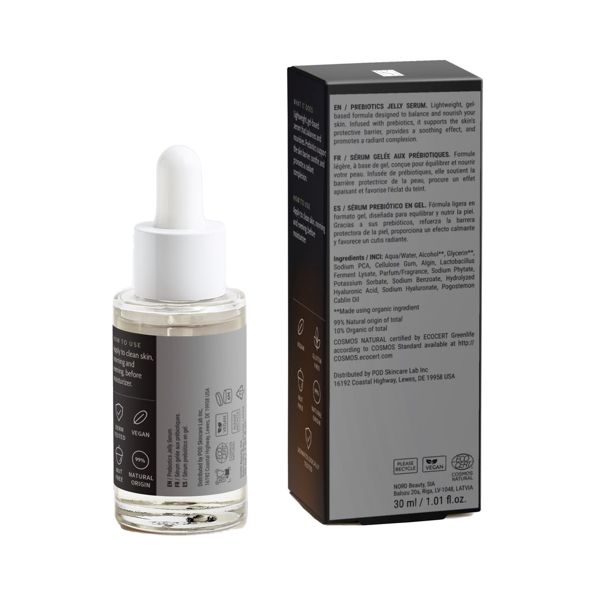Prebiotics Jelly Serum, bottle and box, back view with ingredients and directions
