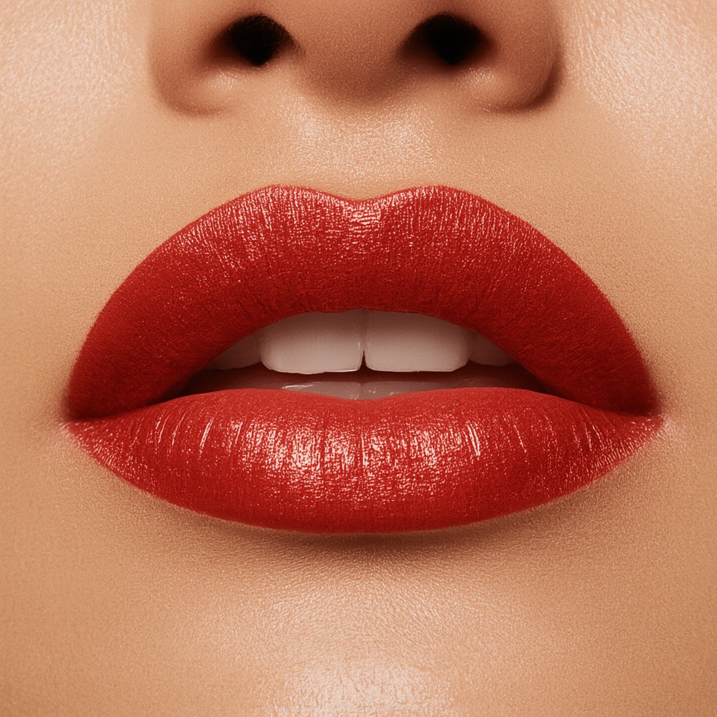 Close-up of a person's lips with red lipstick on a beige background