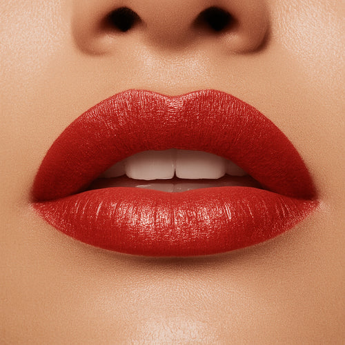 Close-up of a person's lips with red lipstick on a beige background