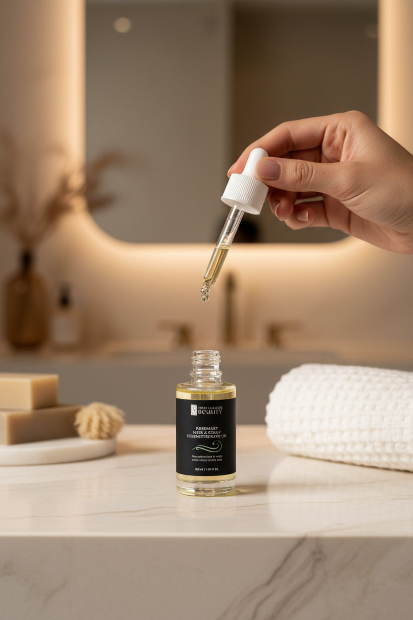 Bottle of skincare serum with a brush, soap, and scrubber on a tiled bathroom counter.