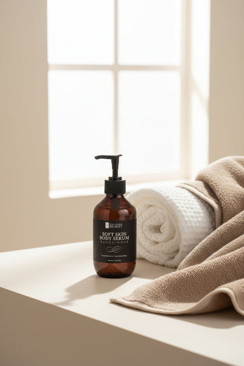 Bottle of 'Soft Skin' body wash on a bathroom counter with a white tiled wall background.