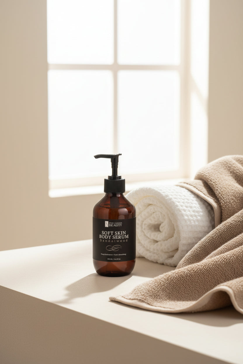 Bottle of 'Soft Skin' body wash on a bathroom counter with a white tiled wall background.