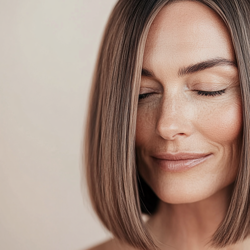Close-up of a woman with short, styled hair against a neutral background