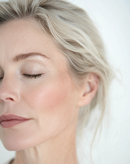Close-up of a person with light-colored hair and makeup against a plain background