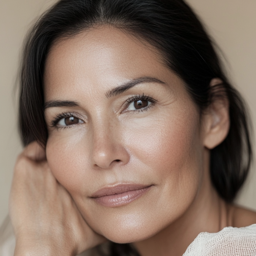 Woman with dark hair and a light background
