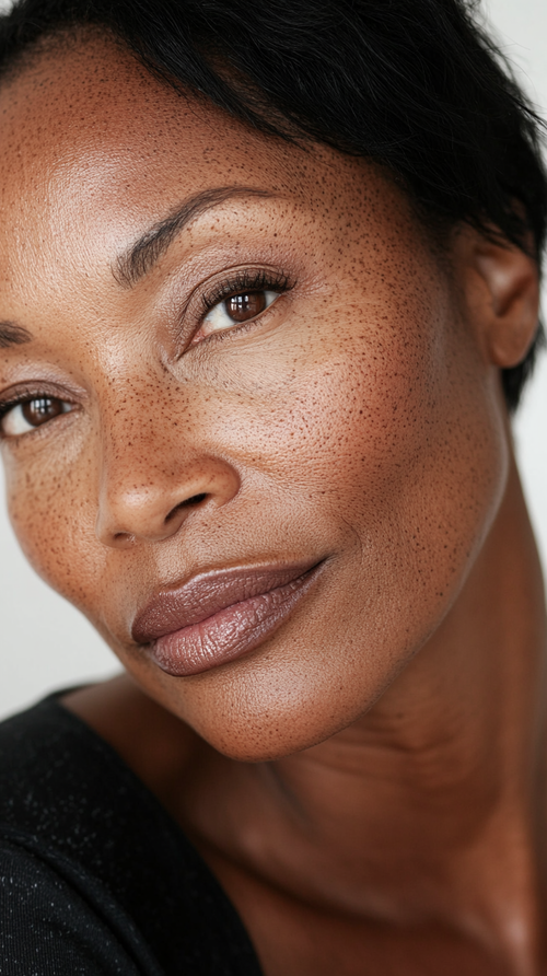Close-up of a woman's face with a neutral background