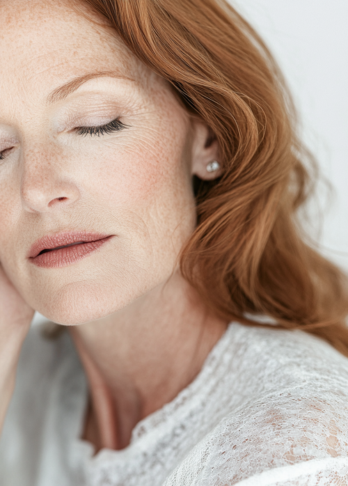 Close-up of a woman with red hair and freckles, wearing a white lace top.