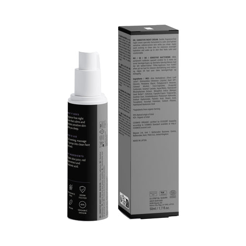 Sensitive Skin Overnight Cream, bottle and box, back view with ingredients and directions