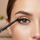 Close-up of a woman applying eyeliner with a brush.