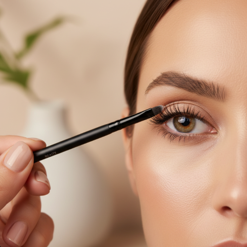Person applying eyeliner with a brush on a neutral background
