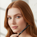 Woman with red hair holding makeup against a neutral background