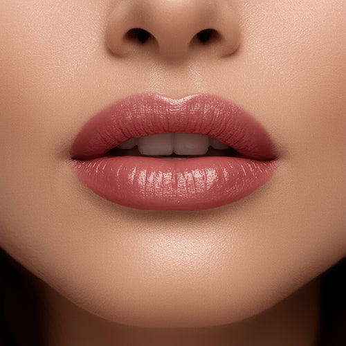 Close-up of a woman's lips with pink lipstick on a neutral background