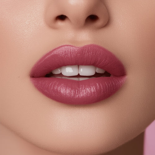 Close-up of a woman's lips with pink lipstick on a neutral background