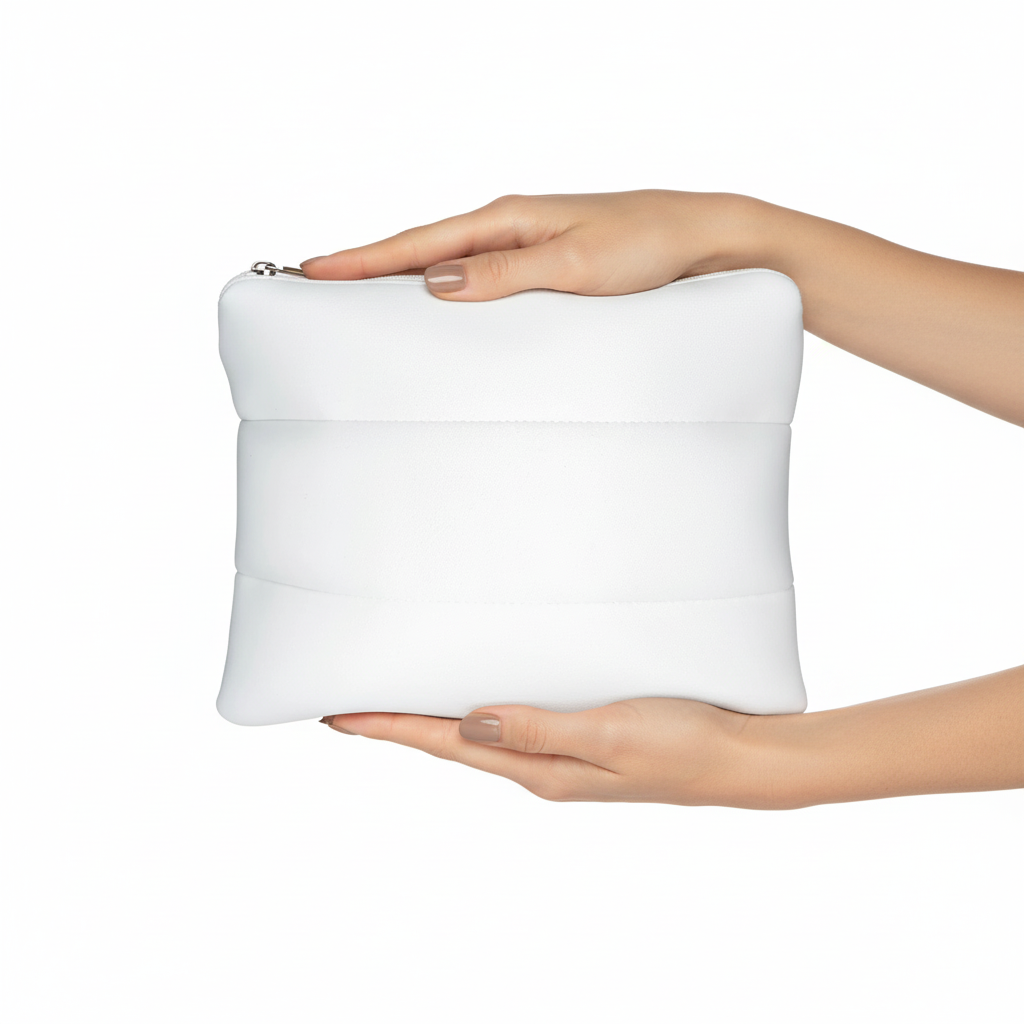 White MAKEUP BAG held by a person's hands on a white background