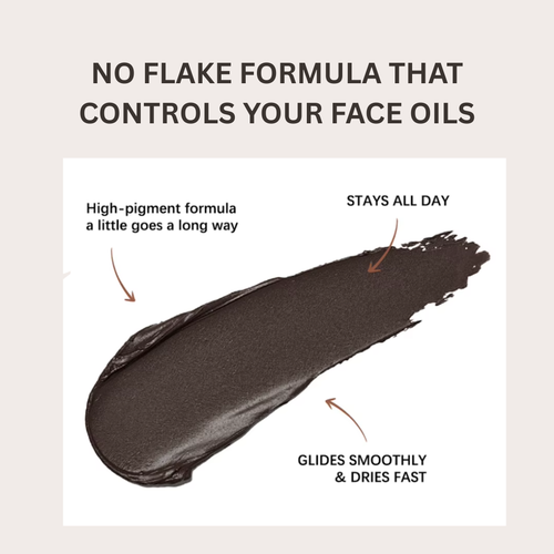 Cosmetic product swatch with text highlighting features on a beige background