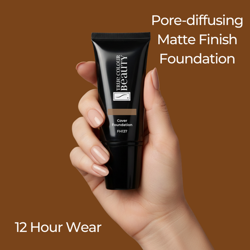Hand holding a tube of foundation with text about pore-diffusing matte finish and 12-hour wear on a brown background.