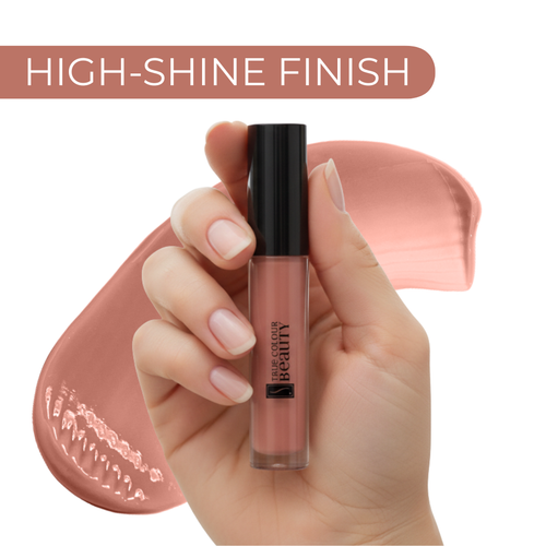 Lip gloss held in a hand with 'High-Shine Finish' text above, against a pink background.