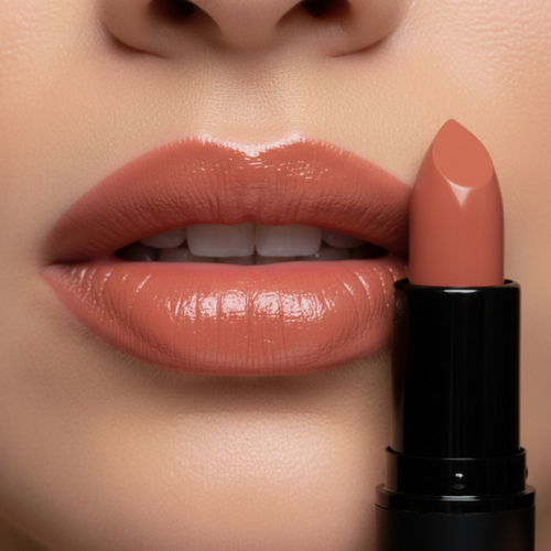 Close-up of a woman's lips with a nude lipstick and the lipstick itself.