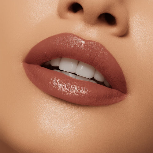 Close-up of a person's lips with a glossy lipstick on a beige background