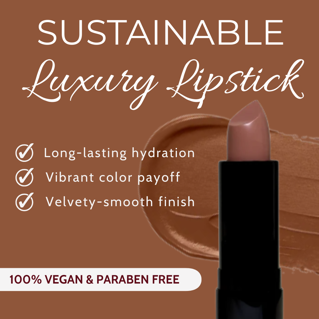 Lipstick with brown background and text highlighting features and sustainability.