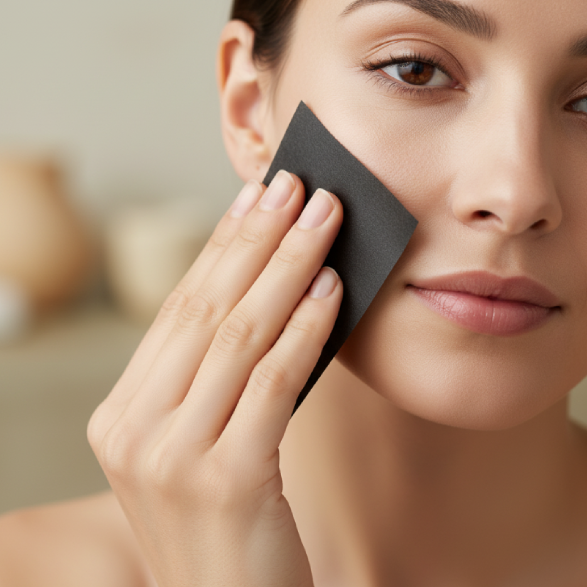 Woman using a black blotting papers on her face with a blurred background