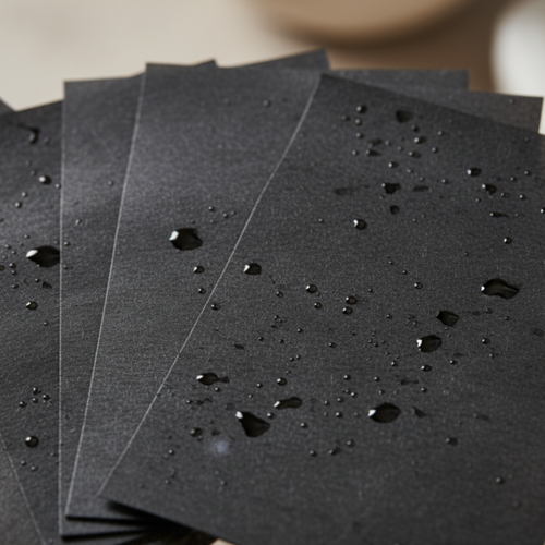 Stack of black blotting paper sheets with water droplets on a blurred background