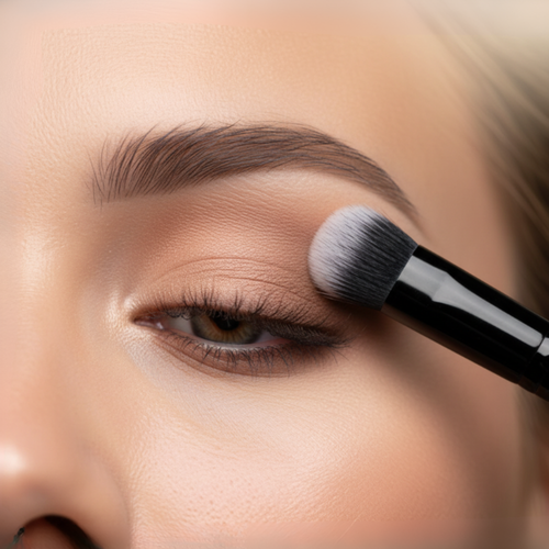 Close-up of a makeup brush applying eyeshadow to a person's eyelid.