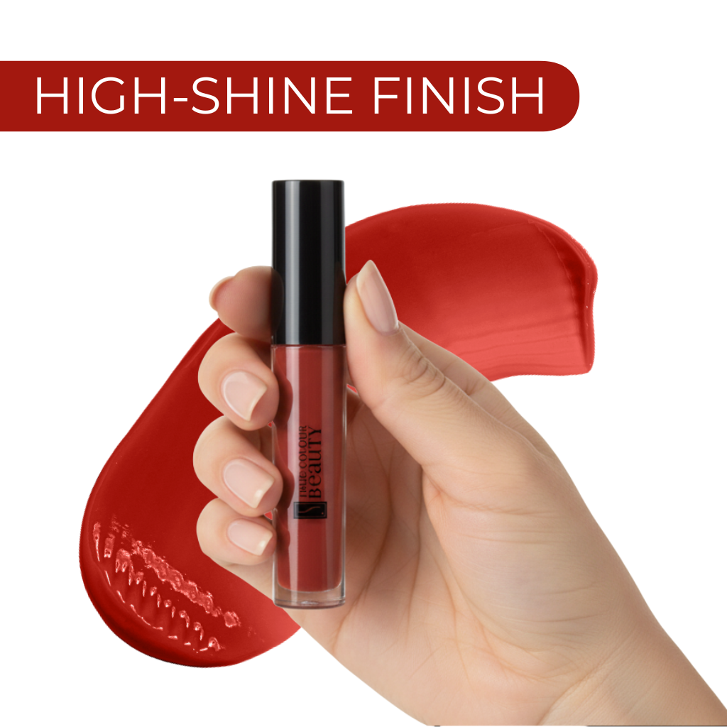 Hand holding a lip gloss with a red background and 'High-Shine Finish' text.