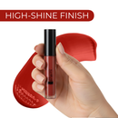 Hand holding a lip gloss with a red background and 'High-Shine Finish' text.