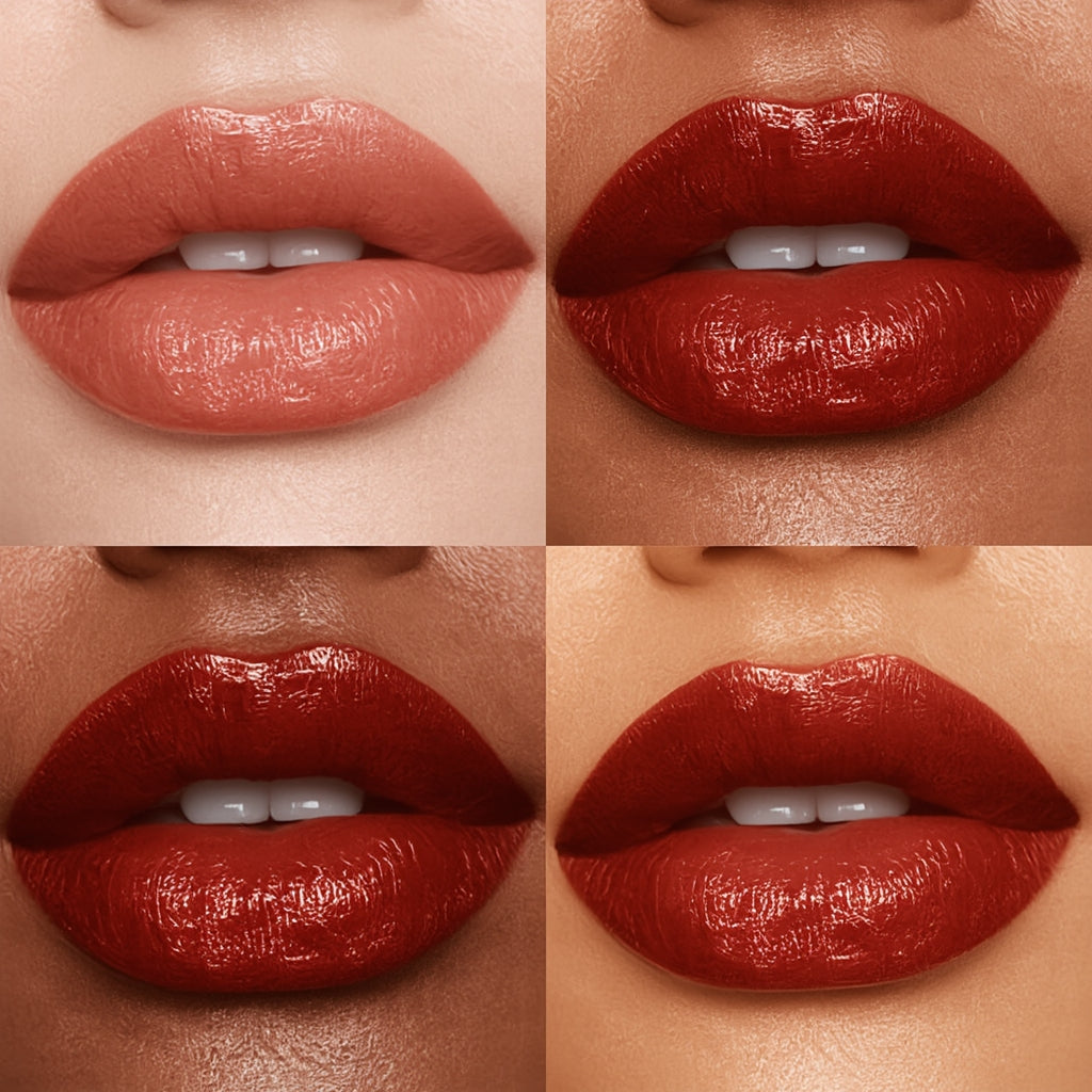 Four close-up images of lips wearing different shades of red lipstick.