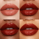Four close-up images of lips wearing different shades of red lipstick.