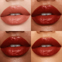 Four close-up images of lips wearing different shades of red lipstick.