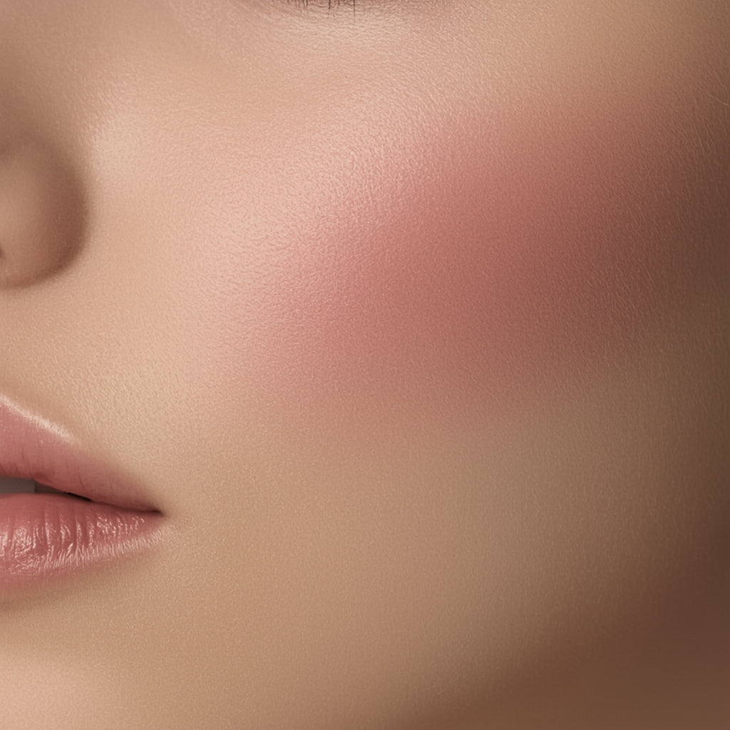 Close-up of a person's face with pink blush on cheek