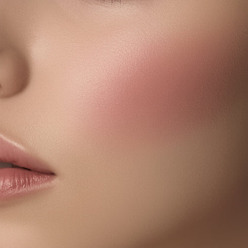 Close-up of a person's face with pink blush on cheek