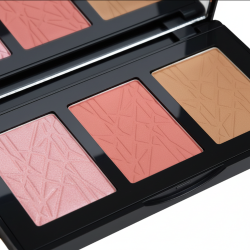 Makeup palette with blush shades on a white background