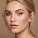 Close-up of a woman's face with soft makeup on a beige background