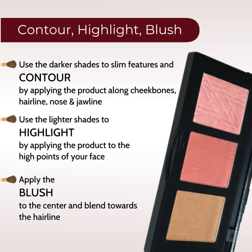 Makeup palette with blush, highlighter, and contour shades on a neutral background