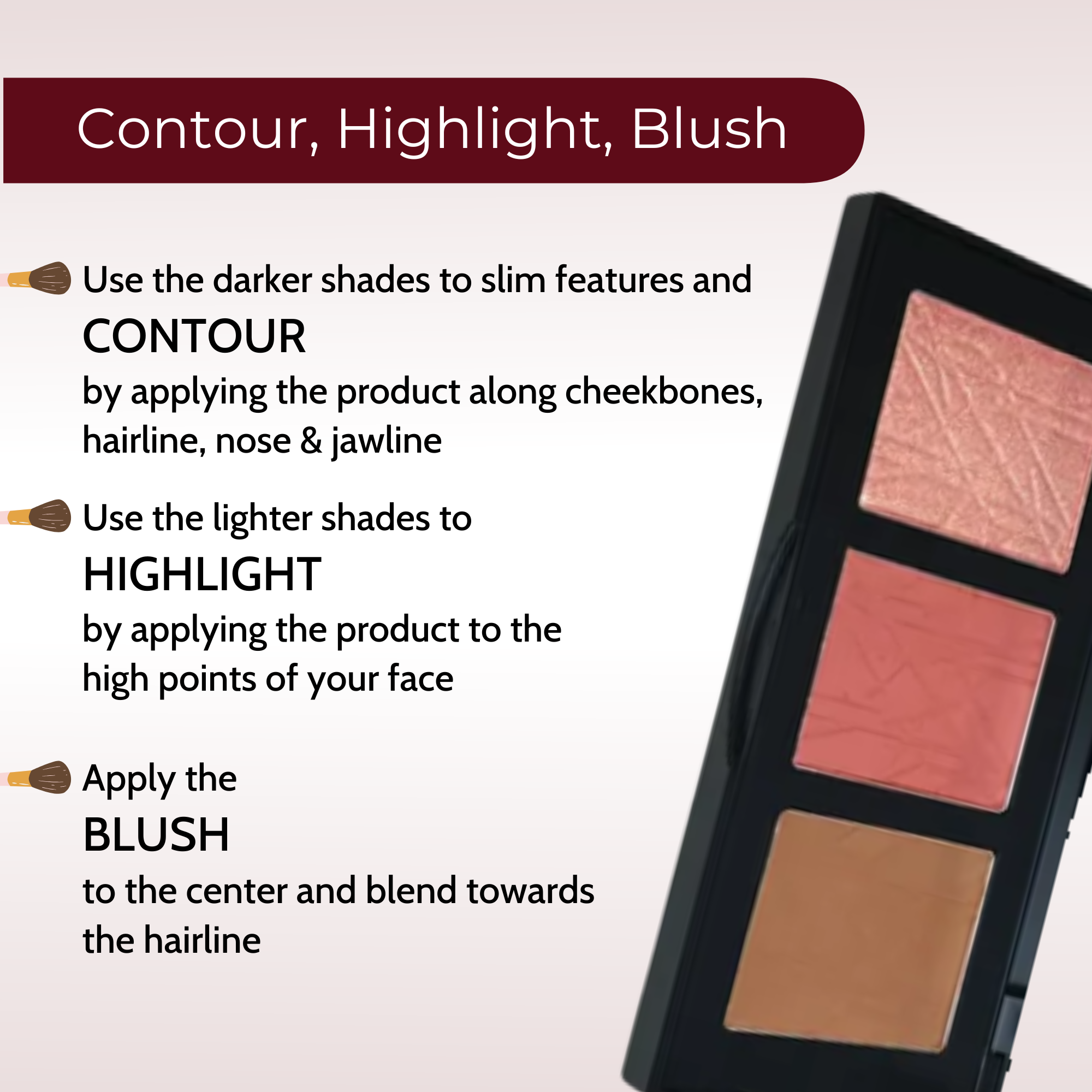Makeup palette with blush, highlight, and contour shades on a neutral background