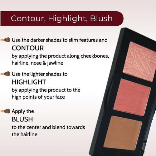 Makeup palette with blush, highlight, and contour shades on a neutral background