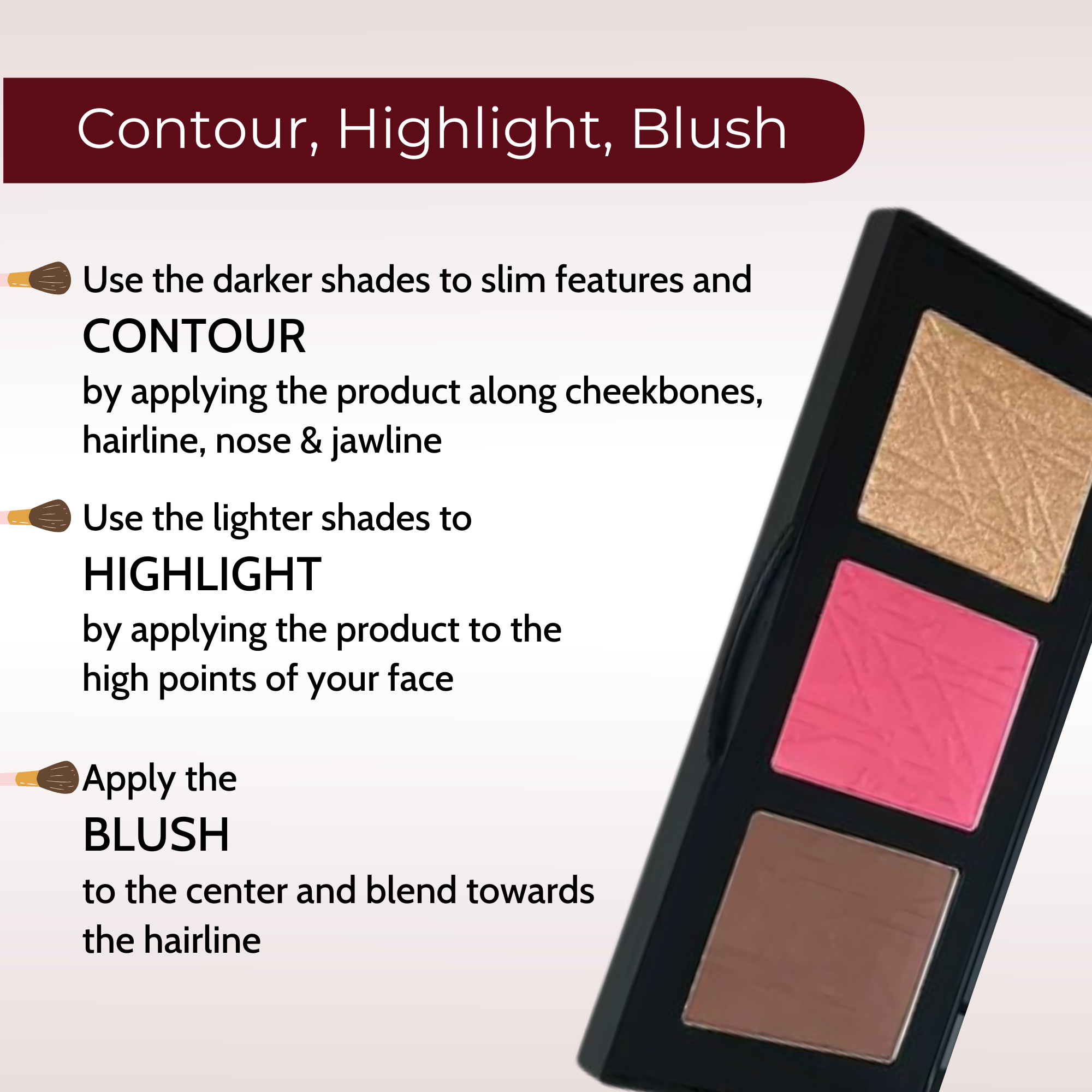 Makeup palette with four shades and application instructions on a white background