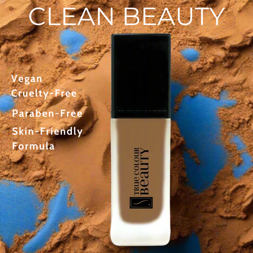 Foundation bottle with 'true colour beauty' branding on a textured brown and blue background, featuring clean beauty attributes.
